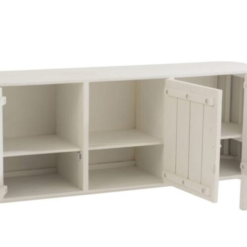 buffet 3 portes en bois exotique et rotin couleur blanc et naturel avec les portes ouvertes