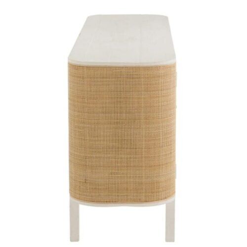 buffet 3 portes en bois exotique et rotin couleur blanc et naturel vu de côté
