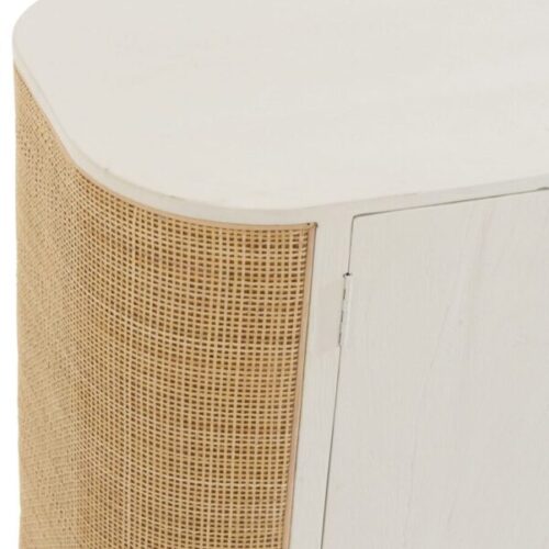 buffet 3 portes en bois exotique et rotin couleur blanc et naturel avec zoom côté gauche