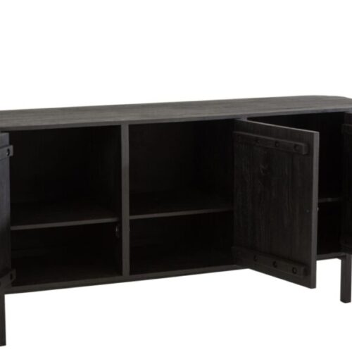 buffet en bois exotique noir et rotin naturel 3 portes ouvertes vu de face