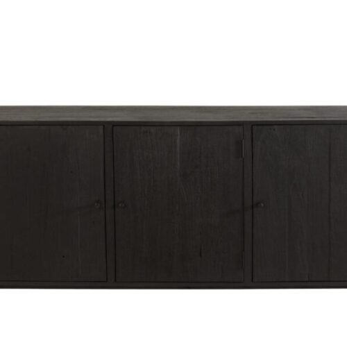 buffet en bois exotique noir et rotin naturel 3 portes vu de face