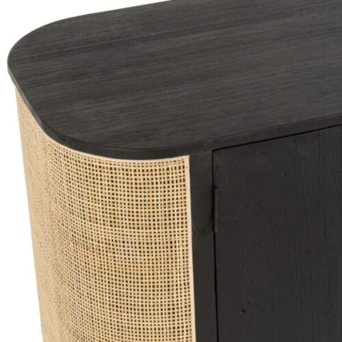 buffet en bois exotique noir et rotin naturel 3 portes vu zoomé sur le coin supérieur gauche