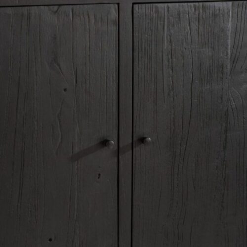 buffet en bois exotique noir et rotin naturel 3 portes vu zoomé sur les portes
