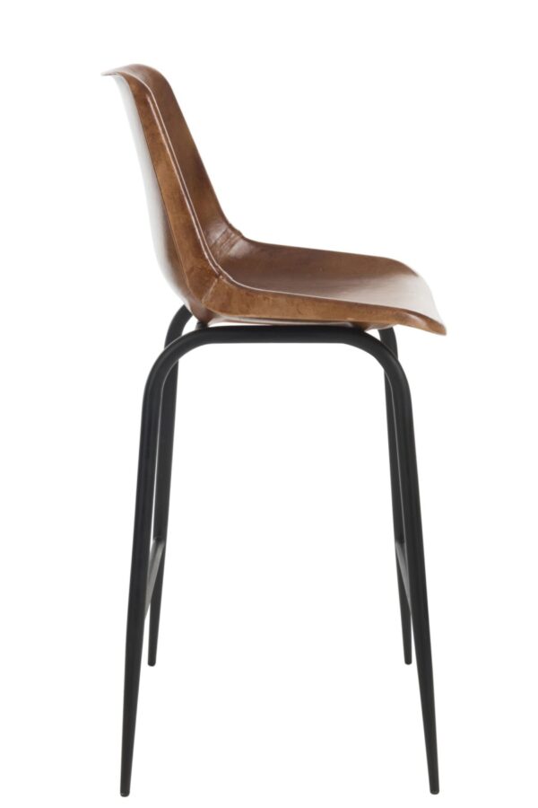 chaise de bar en cuir marron avec pieds en métal noir vu de côté