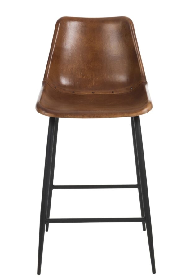 chaise de bar en cuir marron avec pieds en métal noir vu de face