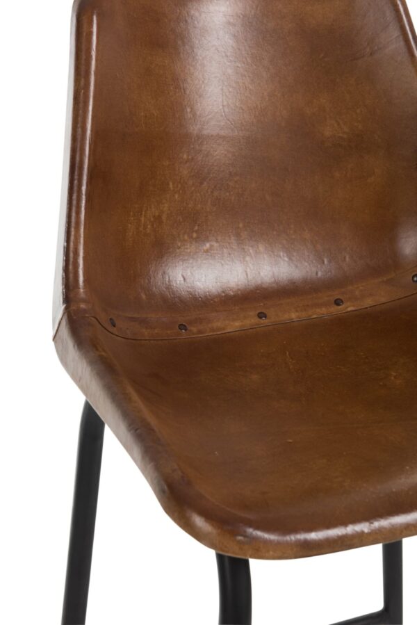 chaise de bar en cuir marron avec pieds en métal noir avec zoom sur l'assise
