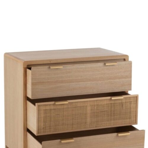 commode bois et rotin avec tiroirs ouverts