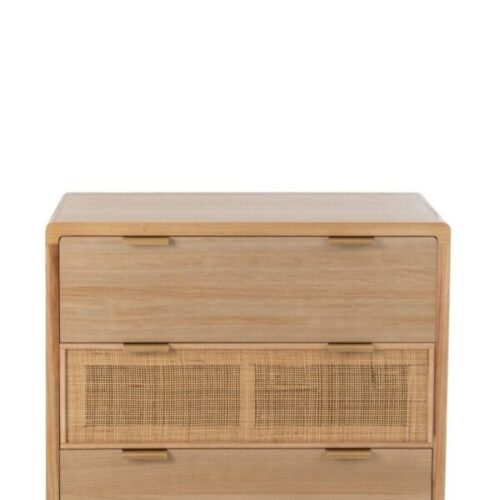 commode 3 tiroirs en bois et rotin vu de face