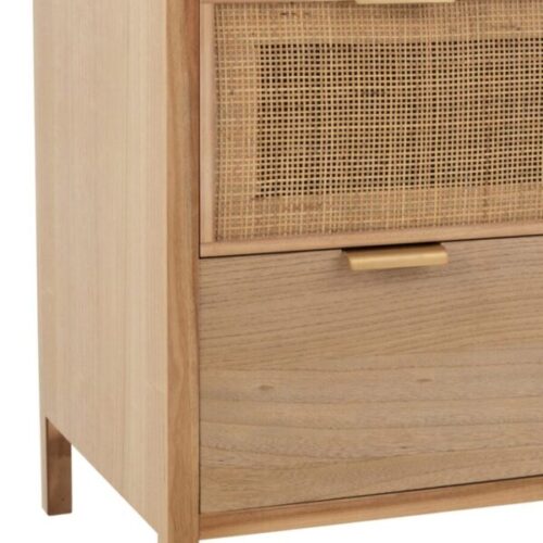 commode 3 tiroirs en bois et rotin vu zoomé coin inférieur gauche