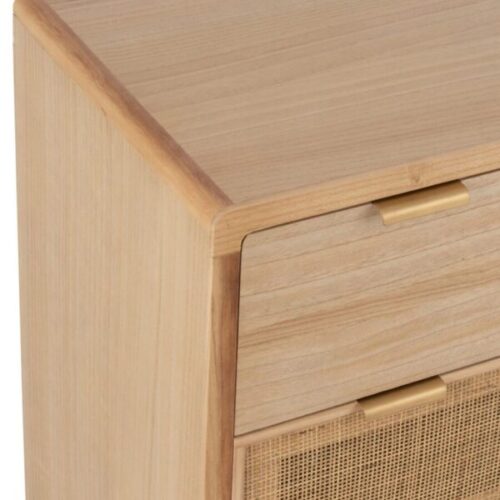 commode 3 tiroirs en bois et rotin vu zoomé coin supérieur gauche