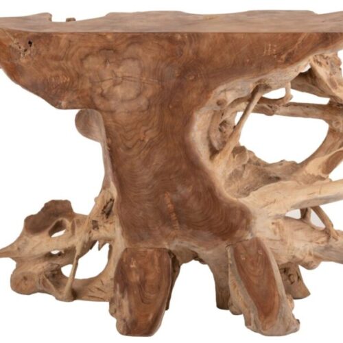 console en teck naturel de couleur médium avec une forme très naturelle vu de dos
