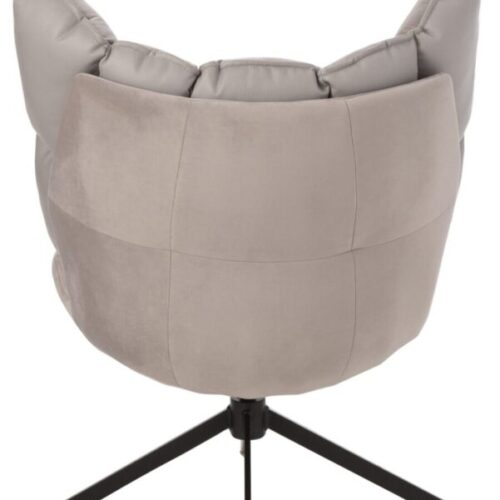 fauteuil avec coussin gris clair sur l'assise et le dossier avec pieds en métal noir vu de dos