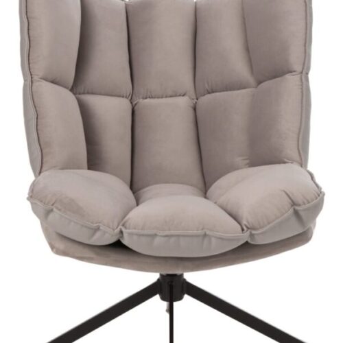 fauteuil avec coussin gris clair sur l'assise et le dossier avec pieds en métal noir vu de face