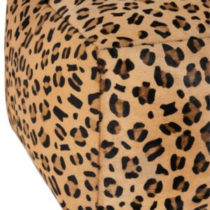 pouf en cuir motif léopard marron et noir avec zoom sur les détails