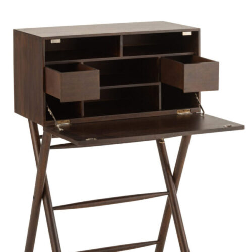 secrétaire bureau en bois de manguier marron avec porte et tiroirs ouverts
