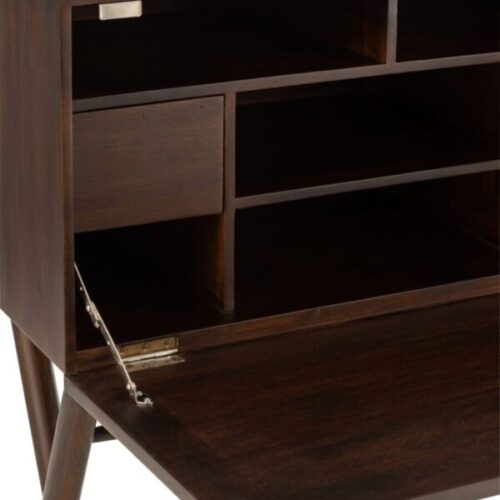 secrétaire bureau en bois de manguier marron avec zoom sur l'intérieur