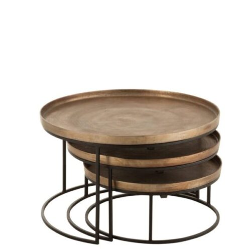 set de 3 tables gigognes rondes en aluminium couleur rouille avec pieds en métal noir avec les 3 tables empilées