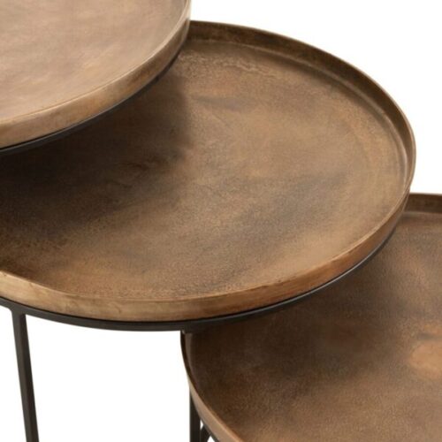 set de 3 tables gigognes rondes en aluminium couleur rouille avec pieds en métal noir avec zoom sur les 3 plateaux