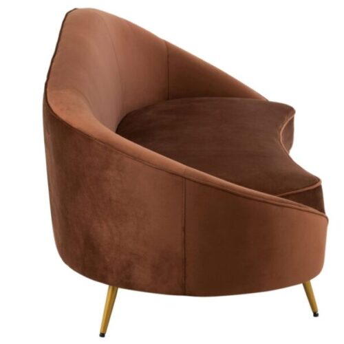 sofa en velours marron et pieds en métal or vu de côté