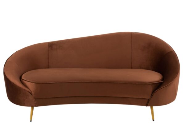 sofa en velours marron et pieds en métal or vu de face