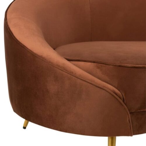 sofa en velours marron et pieds en métal or zoom sur le côté gauche et l'assise