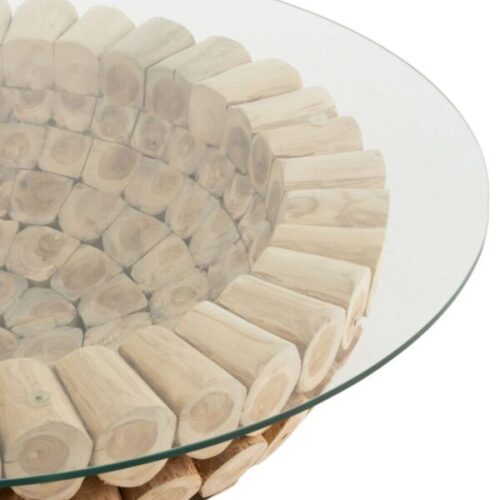 table basse circulaire en bois avec plateau en verre avec vu zoomé sur le plateau laissant apparaître l'intérieur du cercle de bois