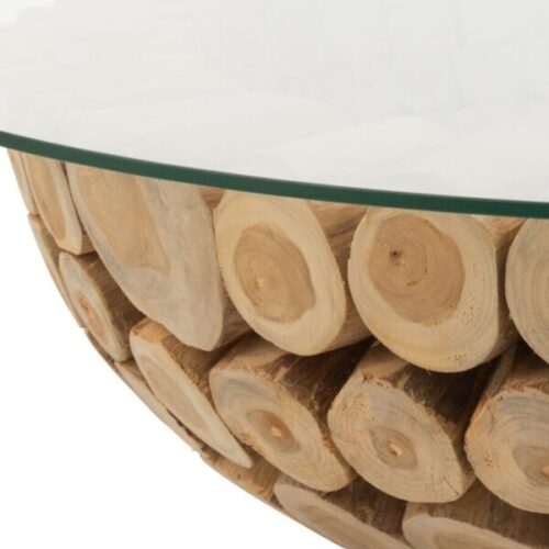 table basse ronde en bois naturel teck avec un plateau en verre avec zoom sur les détails du pied en teck