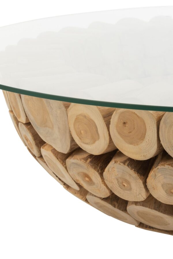 table basse ronde en bois naturel teck avec un plateau en verre avec zoom sur les détails du pied en teck