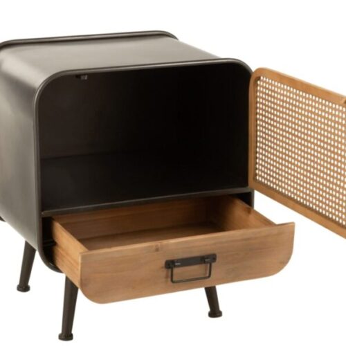 table de chevet avec cadre en métal noir et porte et tiroir en bois naturel sur pieds en métal noir avec porte et tiroir ouverts