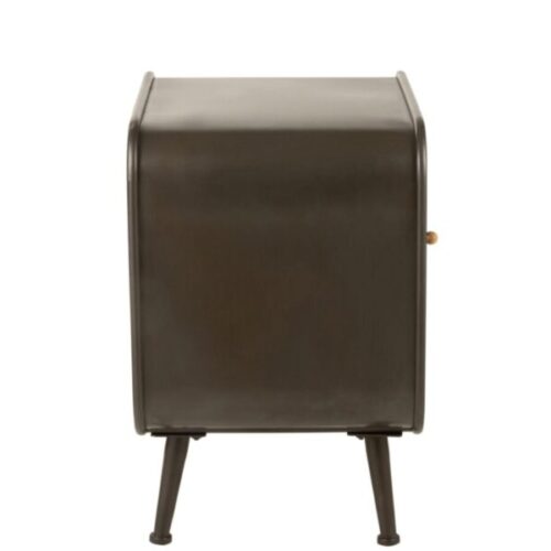 table de chevet avec cadre en métal noir et porte et tiroir en bois naturel sur pieds en métal noir vu de côté