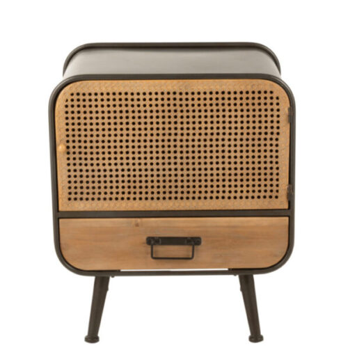 table de chevet avec cadre en métal noir et porte et tiroir en bois naturel sur pieds en métal noir vu de face