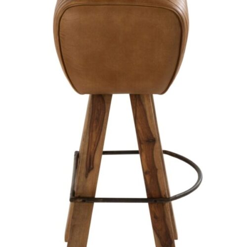 tabouret en cuir couleur camel et pieds en bois de manguier vu de côté