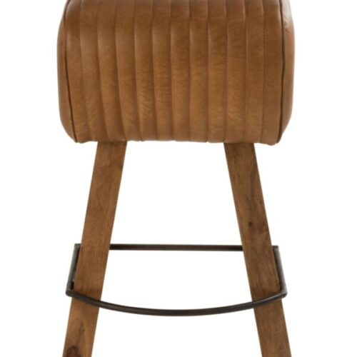 tabouret en cuir couleur camel et pieds en bois de manguier vu de face
