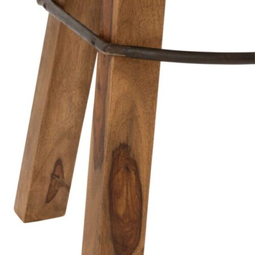 tabouret en cuir couleur camel et pieds en bois de manguier avec zoom sur le bas des pieds