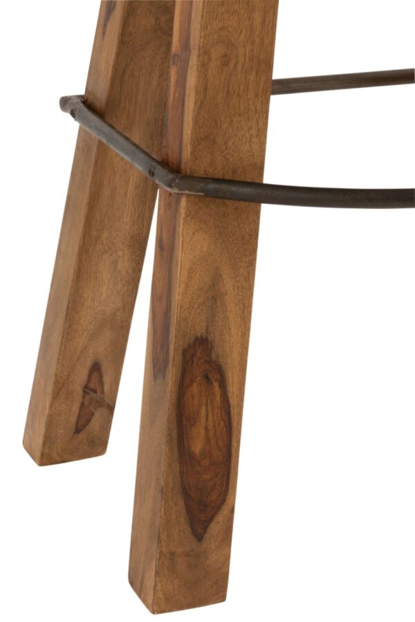 tabouret en cuir couleur camel et pieds en bois de manguier avec zoom sur le bas des pieds