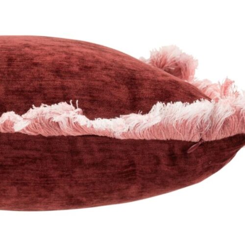 coussin franges carré en polyester bordeaux vu de côté