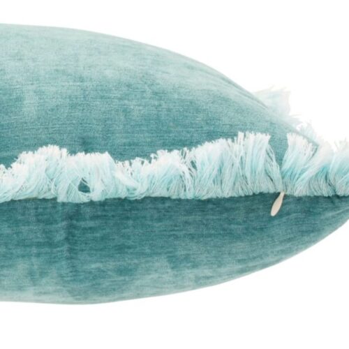 coussin carré franges en polyester turquoise vu de côté