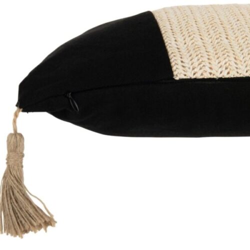 coussin tissage carré en polyester noir et beige vu de côté