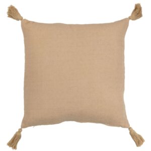 coussin carré en polyester beige avec pompons aux 4 coins vu de dos