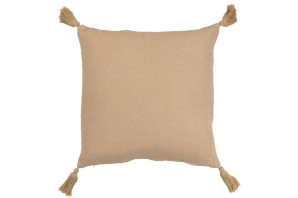 coussin carré en polyester beige avec pompons aux 4 coins vu de dos