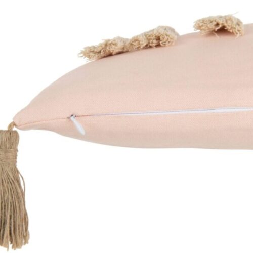 coussin arc-en-ciel en polyester rose avec pompons aux 4 coins vu de côté