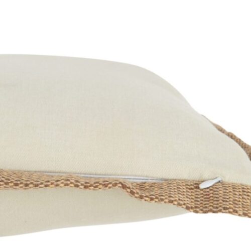 coussin carré en polyester beige avec bords tissés vu de côté