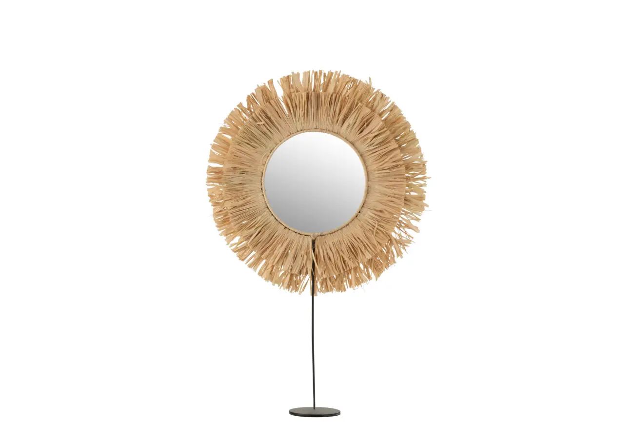 MIROIR SUR PIED ROND ROTIN RAPHIA NATUREL