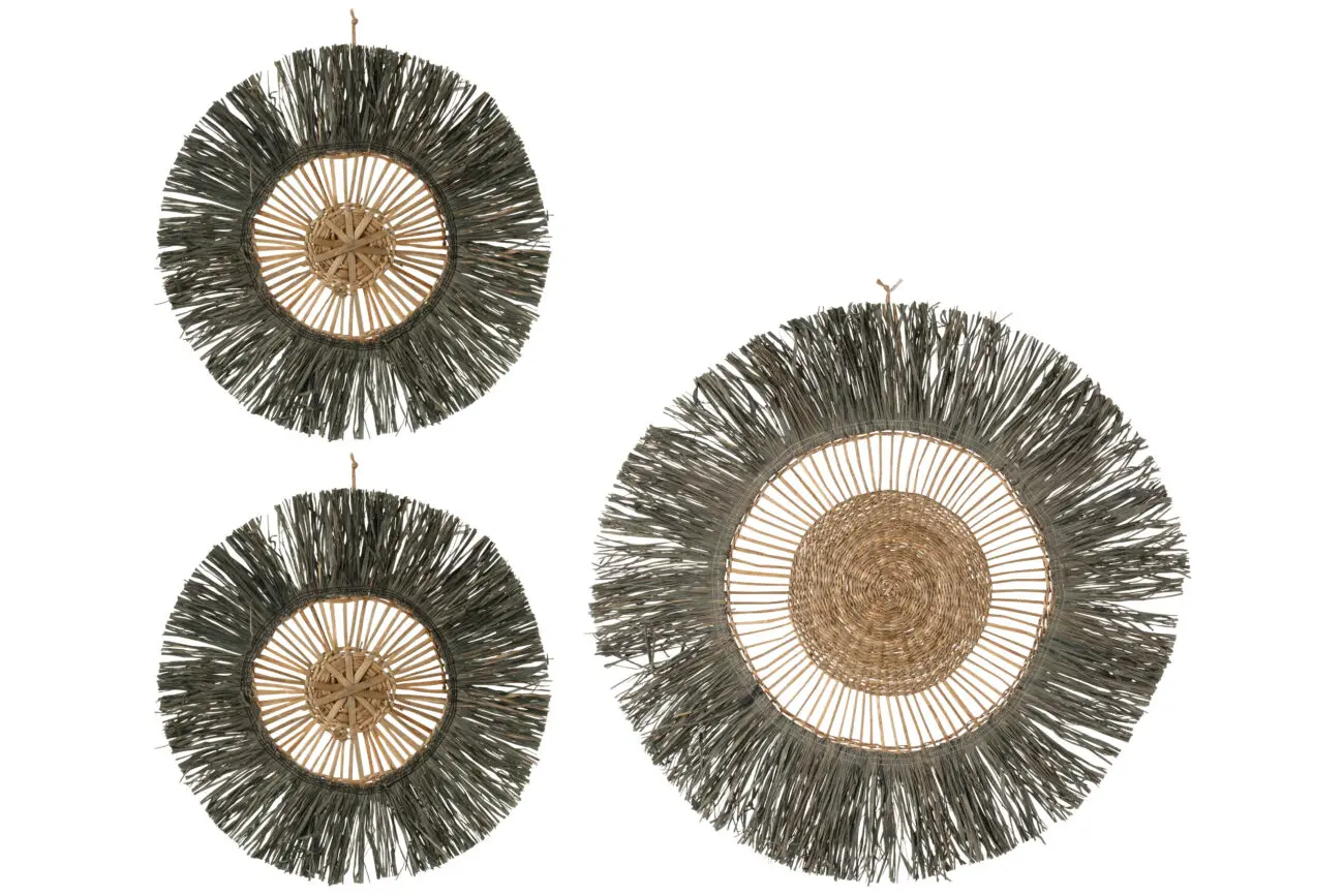 SET DE 3 DECORATION MURALE RONDE ROTIN RAPHIA GRIS