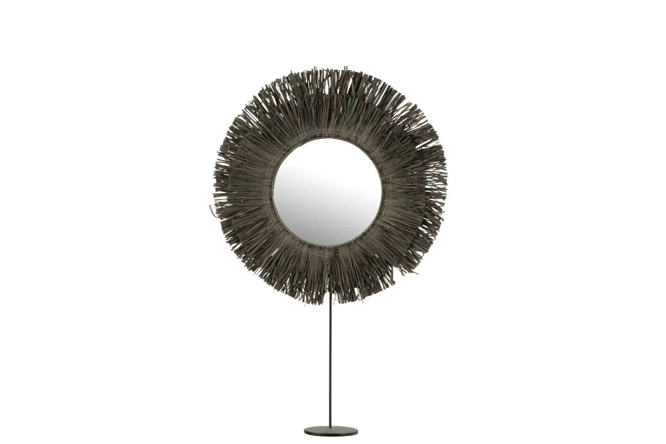 MIROIR SUR PIED ROND ROTIN RAPHIA GRIS