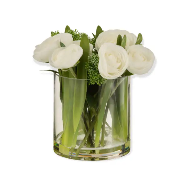 Renoncule en vase - Plastique/verre - Blanc/vert - L
