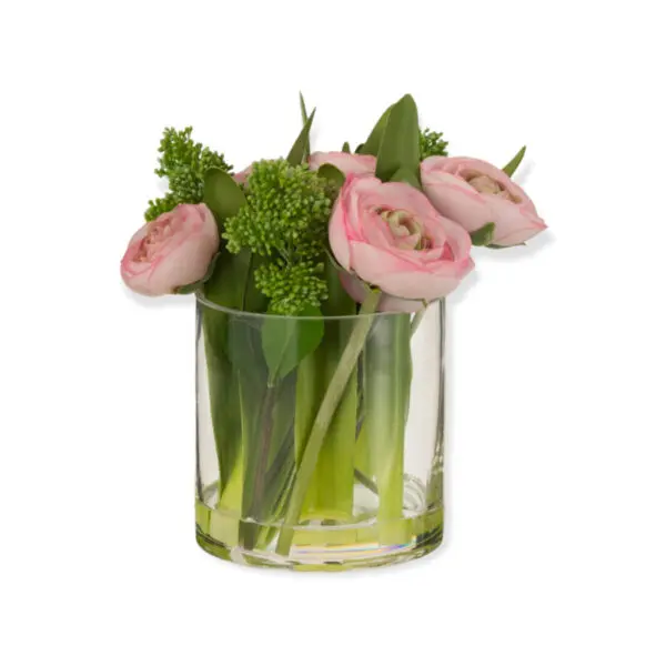 Renoncule en vase - Plastique/verre - Rose/vert - S