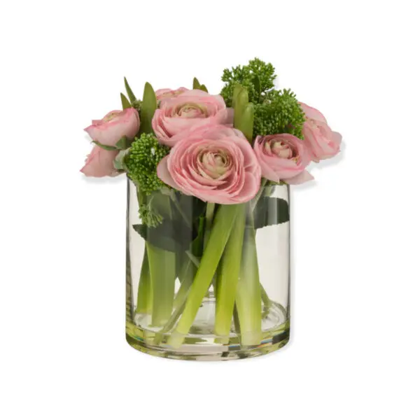 Renoncule en vase - Plastique/verre - Rose/vert - L