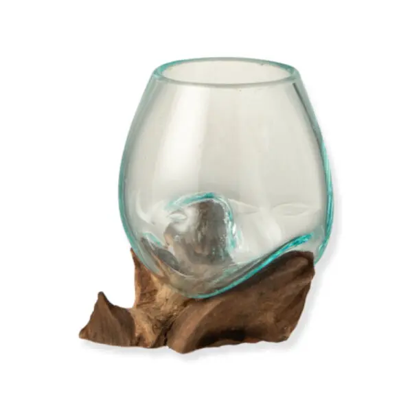 Vase sur pied Gamal - Bois/verre recyclé - Naturel/transparent - M