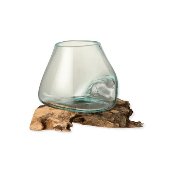 Vase sur pied Gamal - Bois/verre recyclé - Naturel/transparent - L